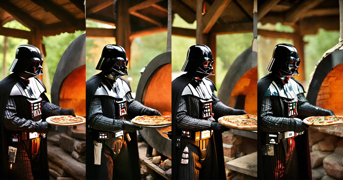 Lexica - Darth Vader baking pizza in front of a wood-fired oven, portra 400