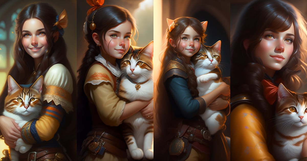 Lexica - A detailed portrait of a cute brunette girl hugging a tabby ...