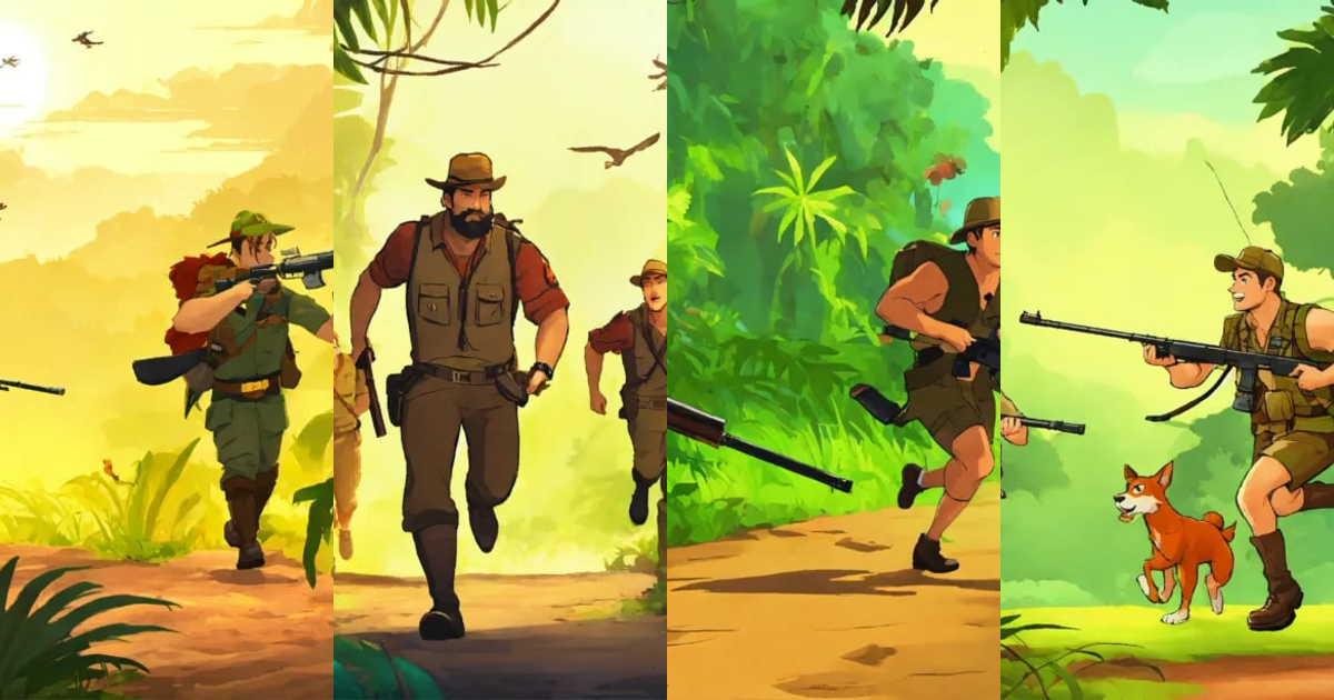 Lexica - Cartoon men hunters are running in jungle