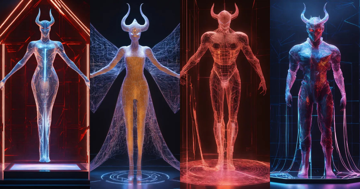 Lexica - Design a 3D hologram of a demon with long gown, focusing on ...