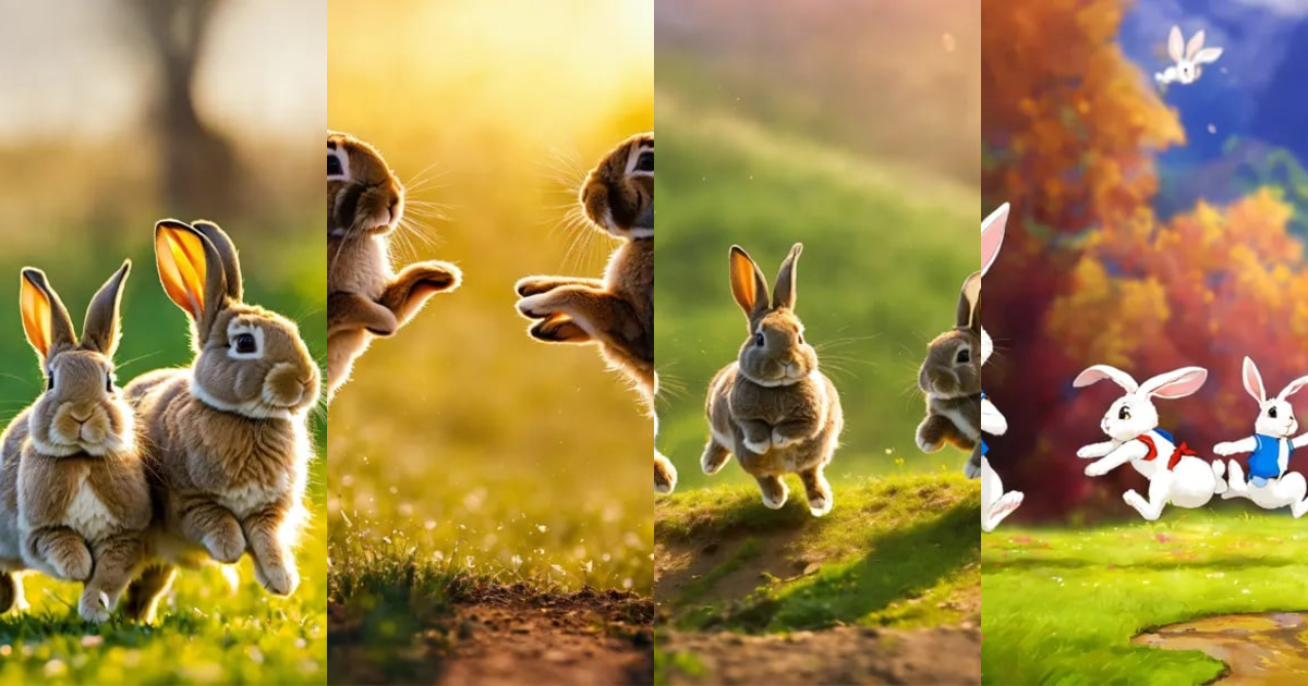Lexica - 3 rabbits jumping around on a lovely background