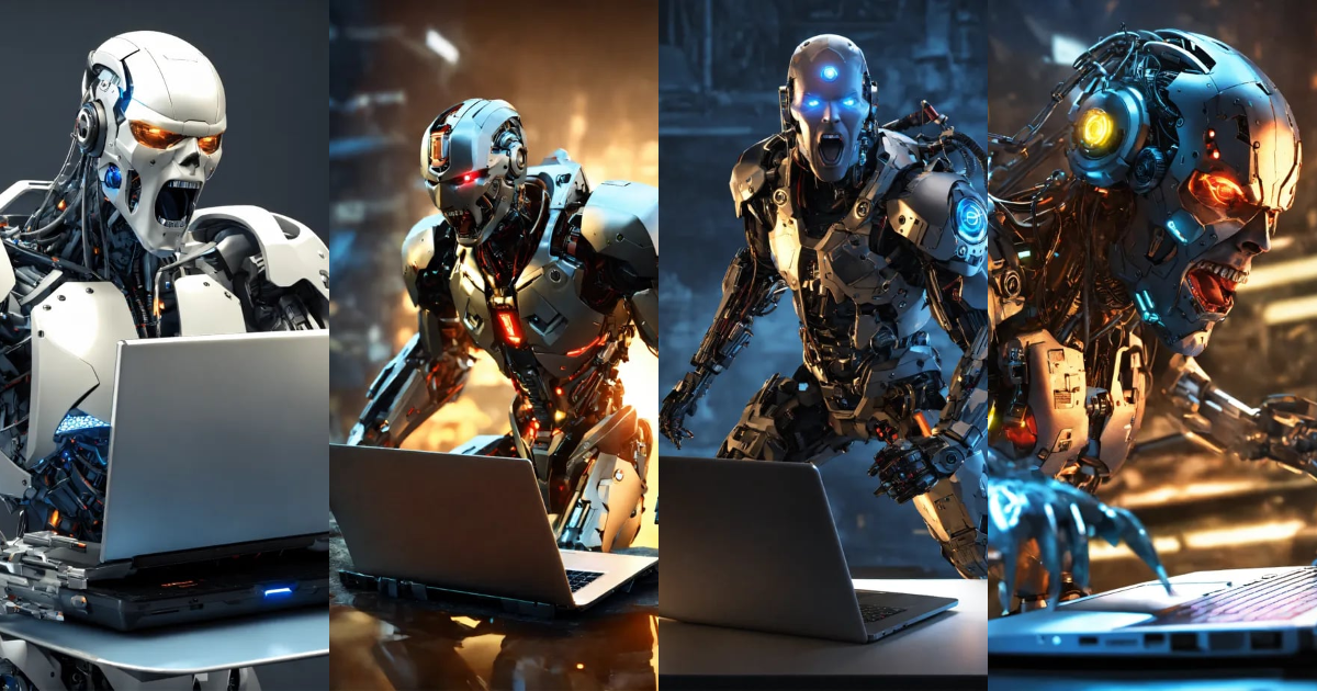 Lexica - Cyborg, 3d, hold laptop, screaming