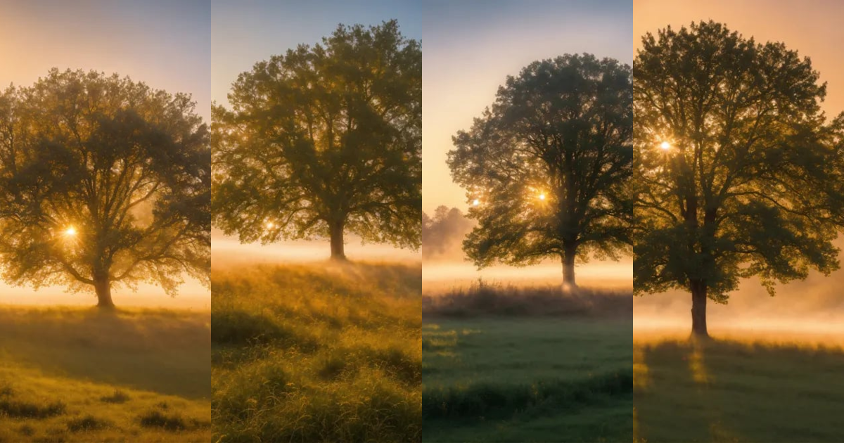 Lexica - A single tree in a meadow covered with morning fog, Surreal ...