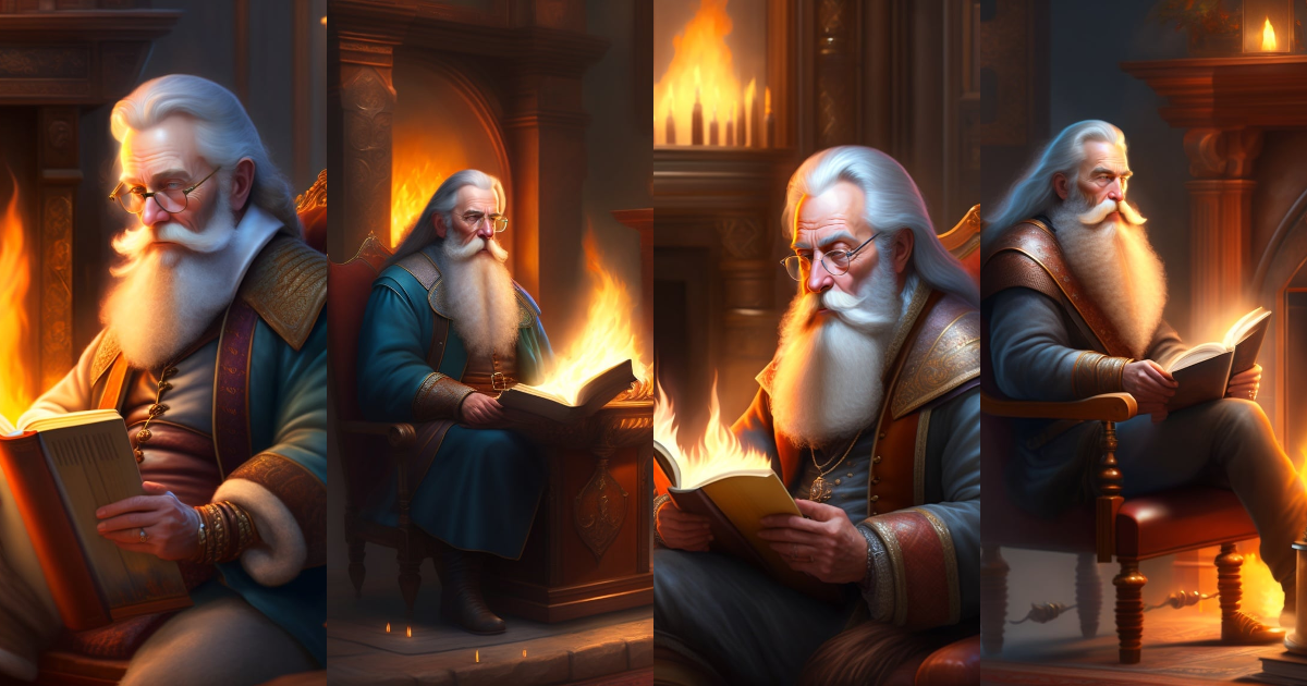 Lexica - Fantasy old man with a long beard sitting at a fire place with ...