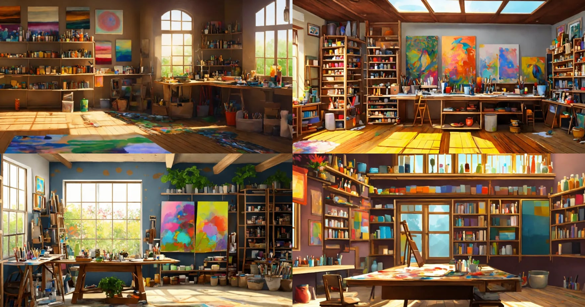 Lexica - Concept art of an art studio, paintings on a canvas, stacked ...