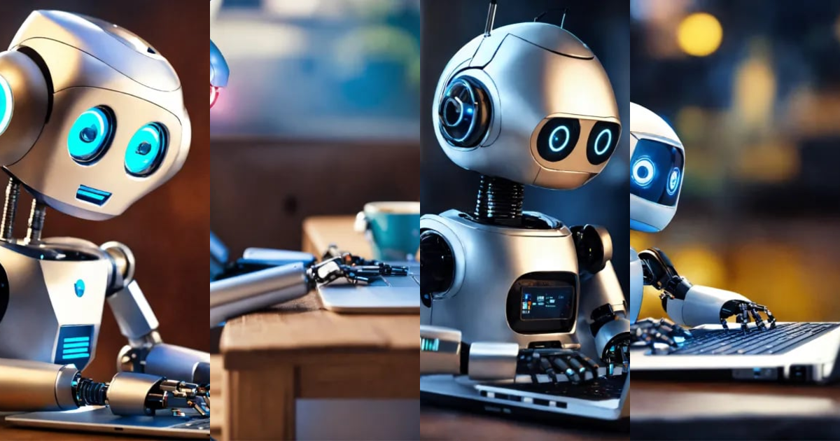 Lexica - Adorable smiling robot working on its laptop in deep focus