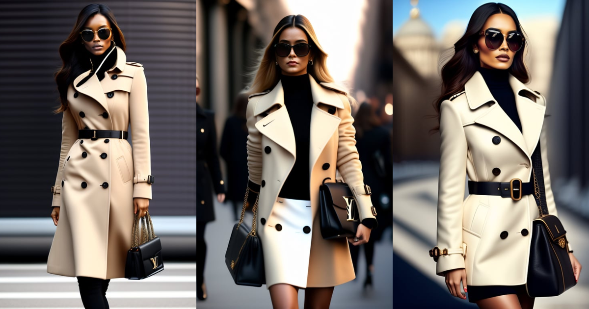 Lexica - Young blonde woman with square sunglasses wearing an open Burberry trench  coat, from the right shoulder hangs a Louis Vuitton Batignolles ha