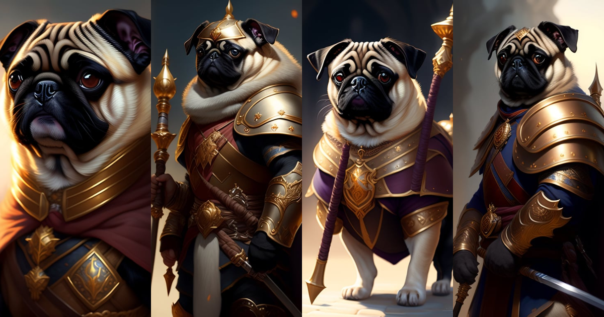 Lexica - A detailed portrait of pug in armor with long magic staff ...