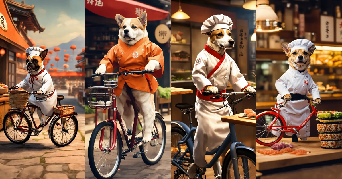 Lexica - Generate an image of a dog riding a bicycle as a sushi chef ...