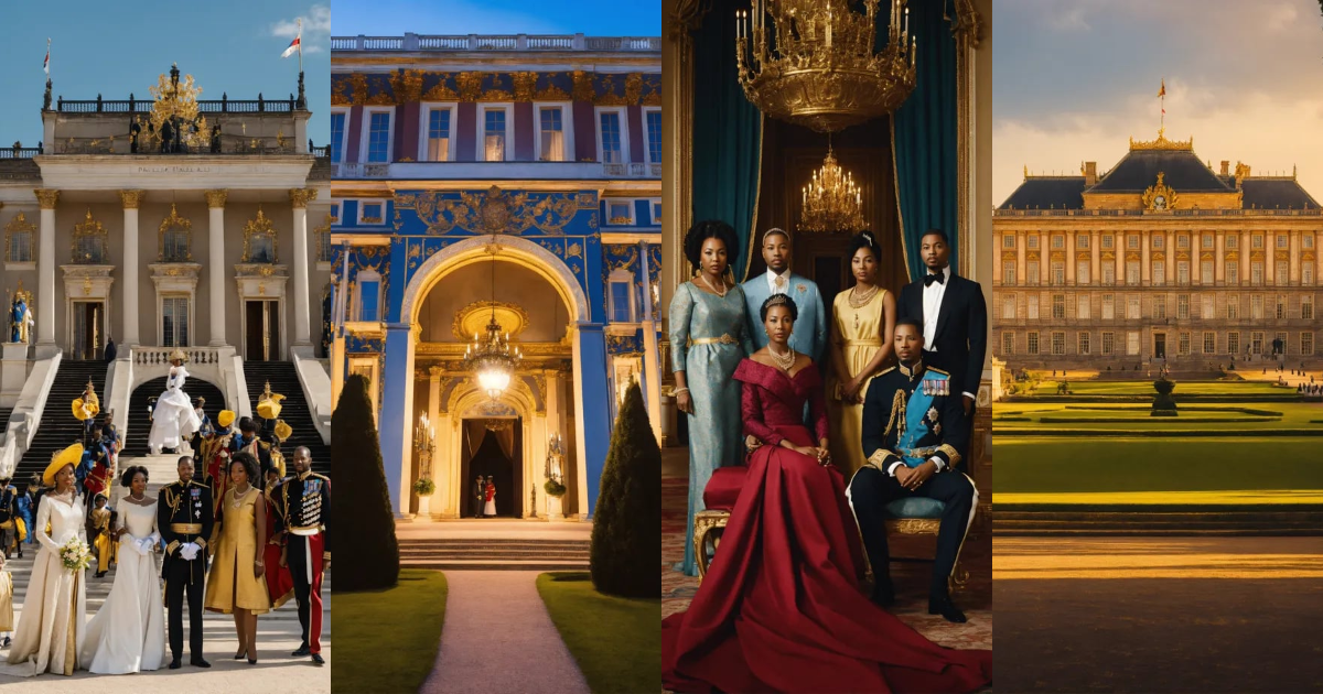 Lexica - A royal palace with a black royal family outside