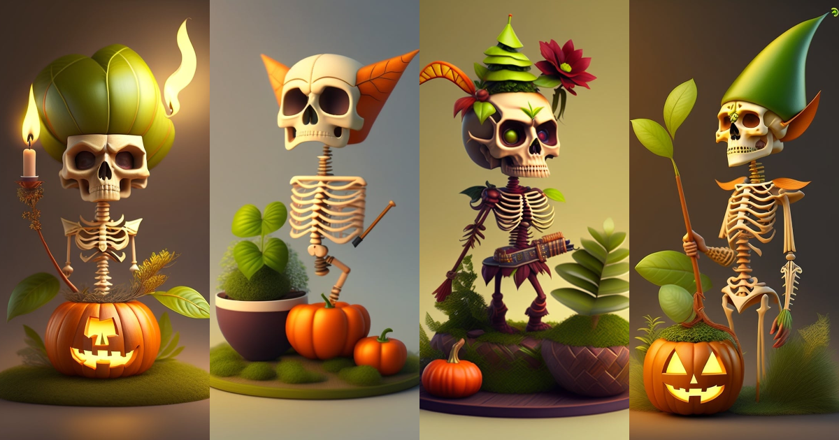 Lexica - Happy, wood elf, thin skeleton, plants, cooking, halloween