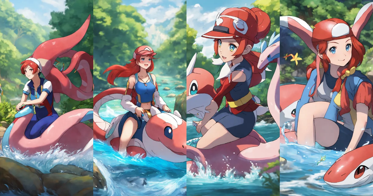 Lexica - Female redhead pokemon trainer riding milotic in a river challenge