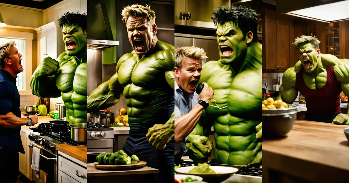 Lexica - Gordon ramsay screaming at hulk in a kitchen
