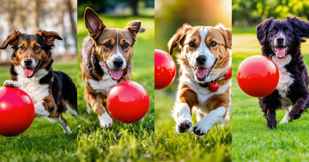 Lexica - A photo of a dog playing with a red ball. The dog is happy and ...