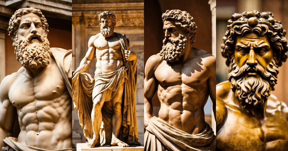Lexica - Greek statue strong man with beard aggressive expression sideways