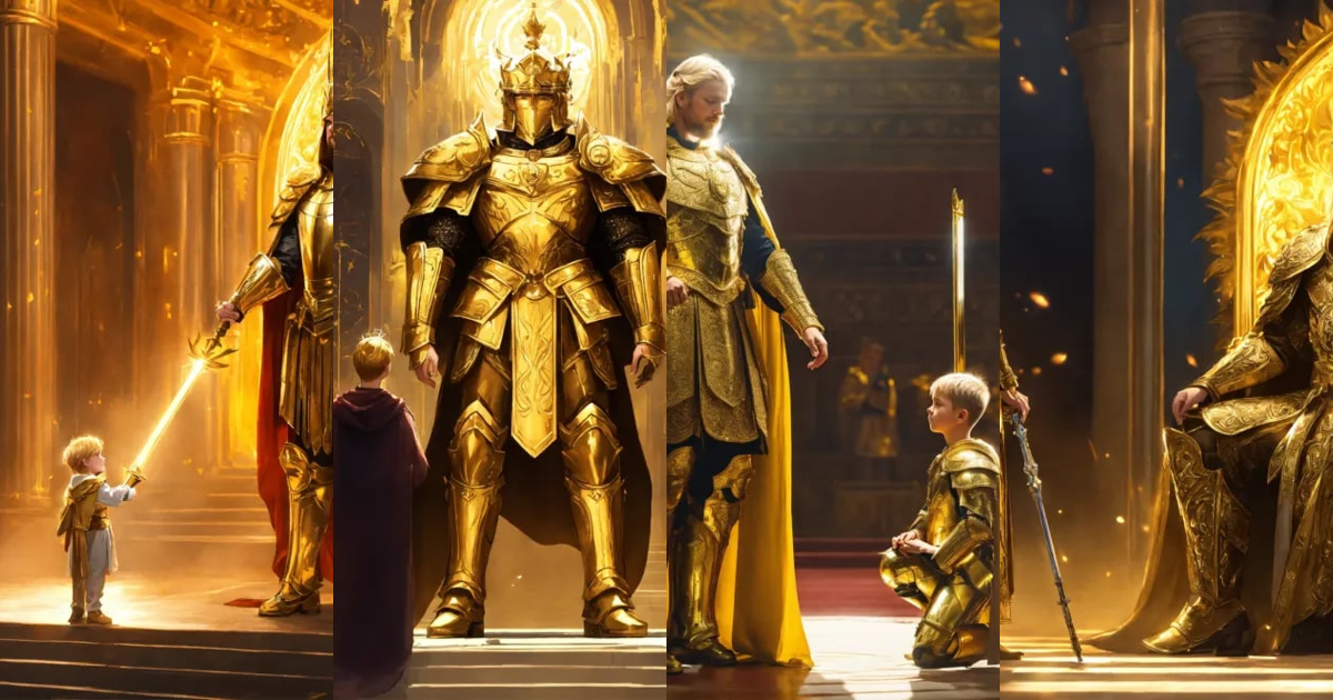 Lexica - Big blond emperor in golden armor with divine halo stands tall ...