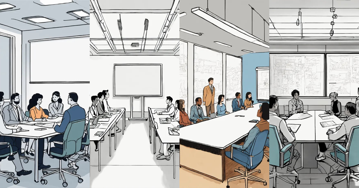 Lexica - Detailed line drawing of a conference room with three people ...