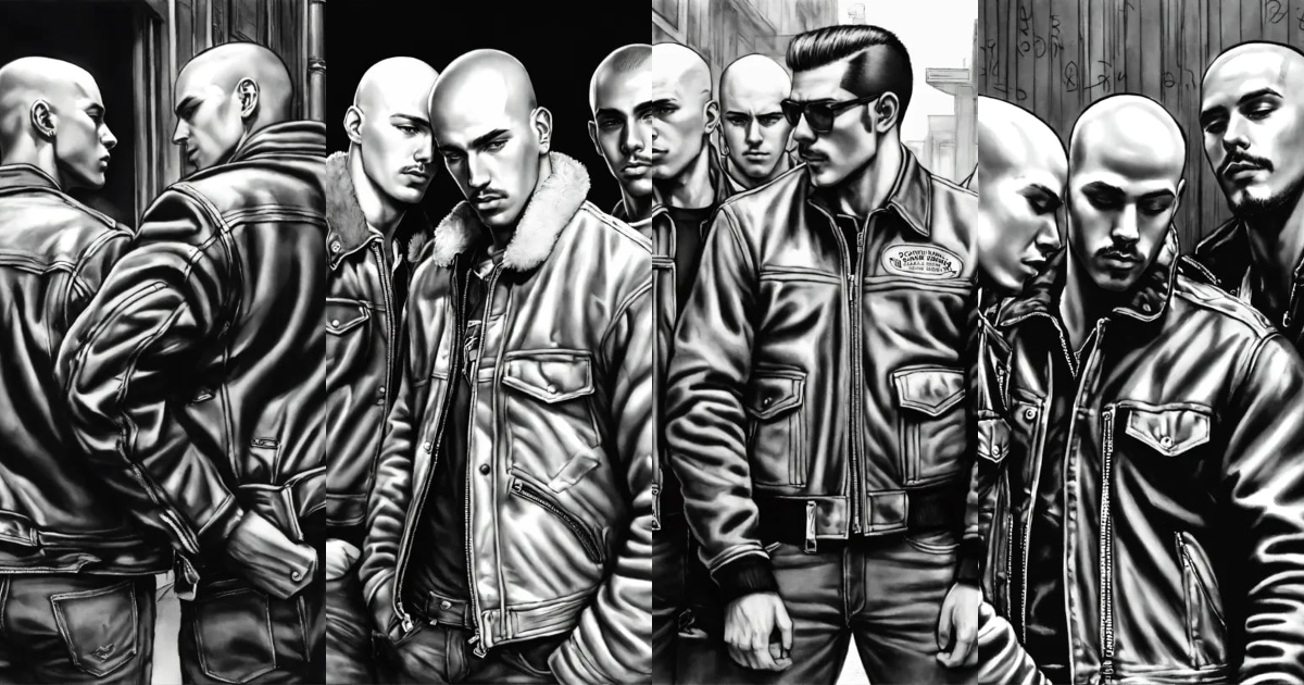 Lexica - Pack of skinheads huggin each other, bald, close shaved ...