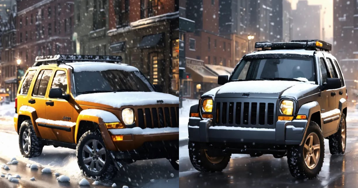 Lexica Jeep Liberty 2006 with snow plow mounted on it, in city, snow