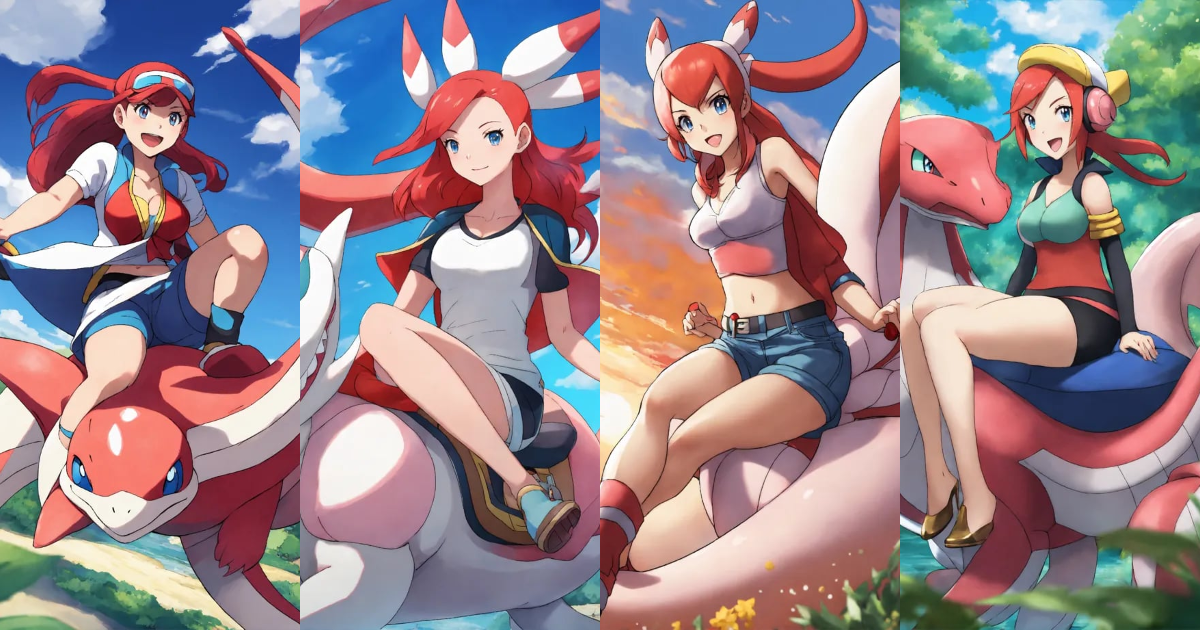 Lexica - Female redhead pokemon trainer riding milotic