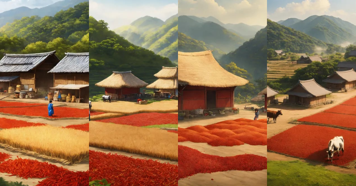 Lexica - In the rural landscape of Korea, there are straw huts and ...