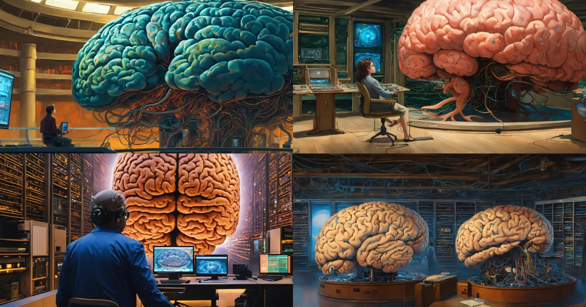 Lexica - In the center of the room, a colossal human brain is ...