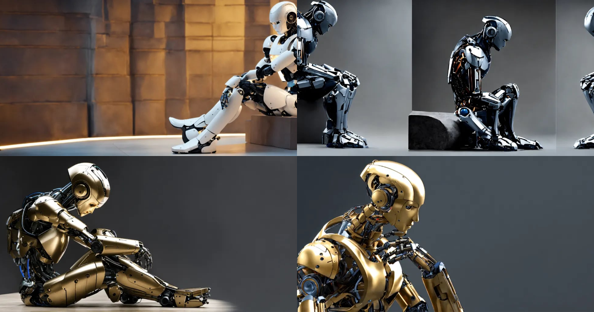 Lexica - Create an image of a humanoid robot sitting in a contemplative ...