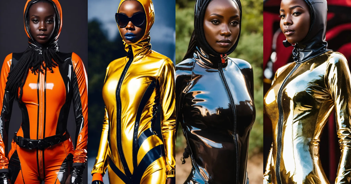 Lexica Slim african woman in glossy drysuit with latex hood