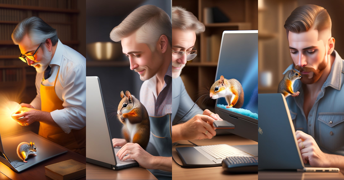 Lexica - A man playing with small squirrel, low hair, using computer