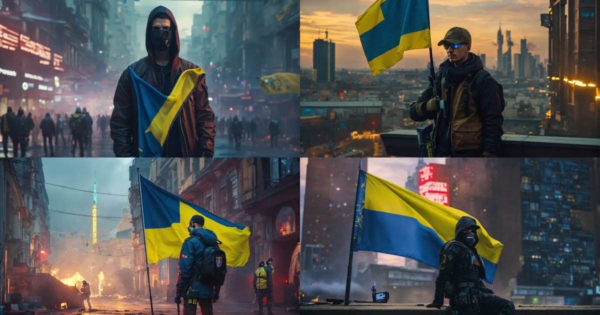 Lexica - Cyberpunk hacktivist in a city, holding the flag of Ukraine ...