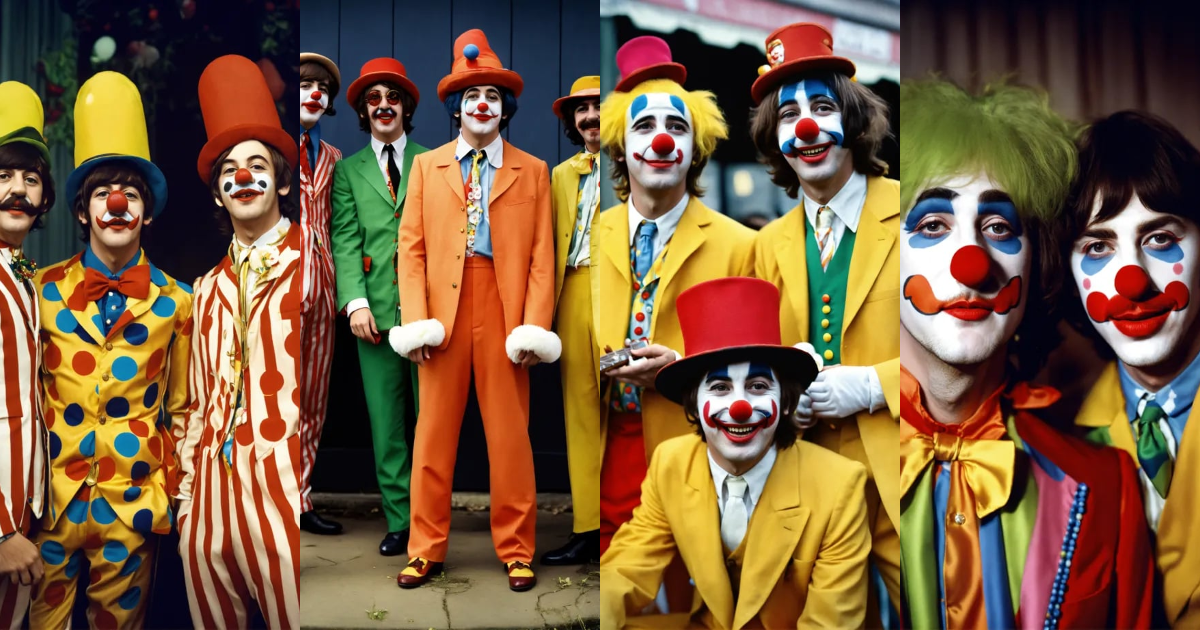 Lexica - The Beatles dressed as clowns. Funny, heartwarming, stylish