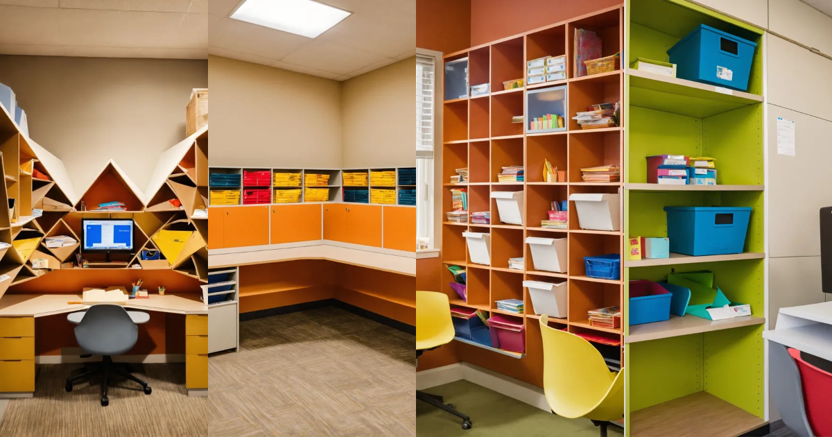 Lexica - Teacher work room with triangular shaped cubbies with mail in them