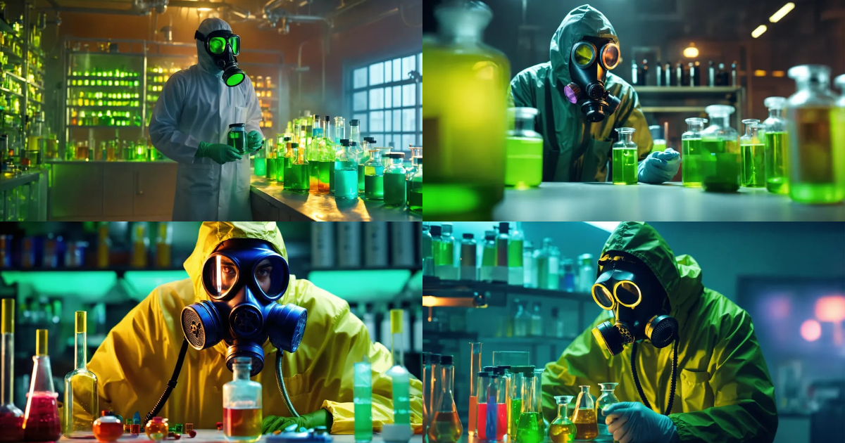 Lexica - Toxic. crazy man chemist wearing gas mask. working in a modern ...