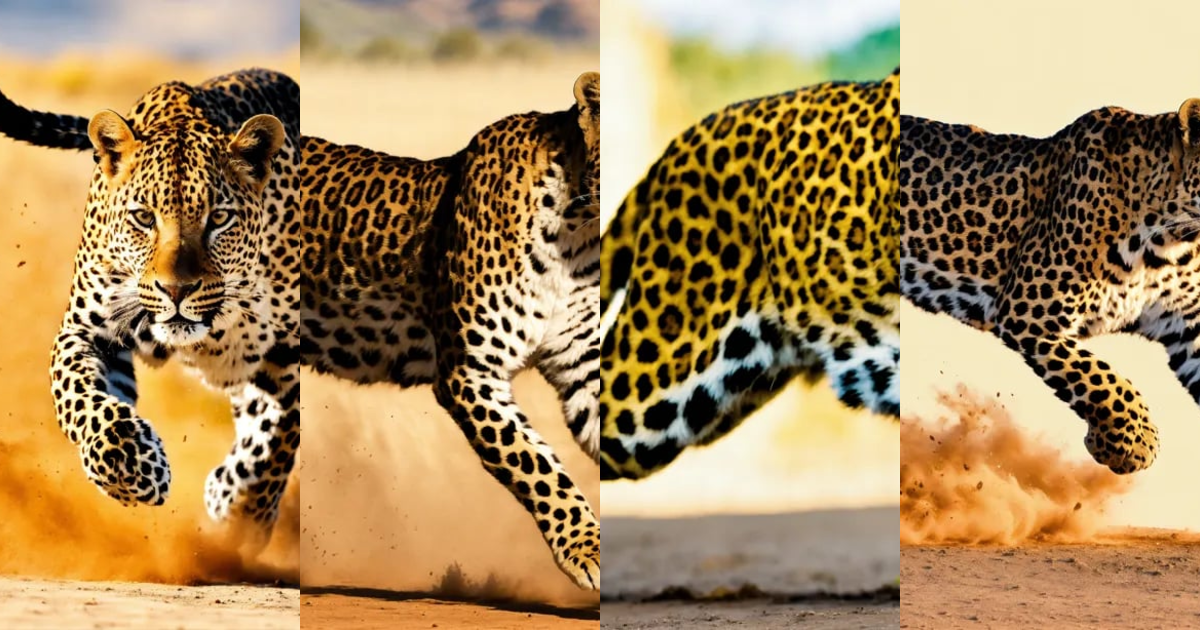 Lexica - Leopard running side on, white background, downhill