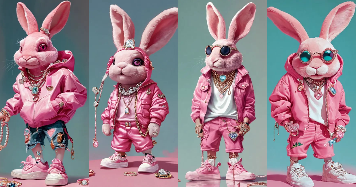 Lexica - A pink rabbit with short pants on, sneakers on its feet ...