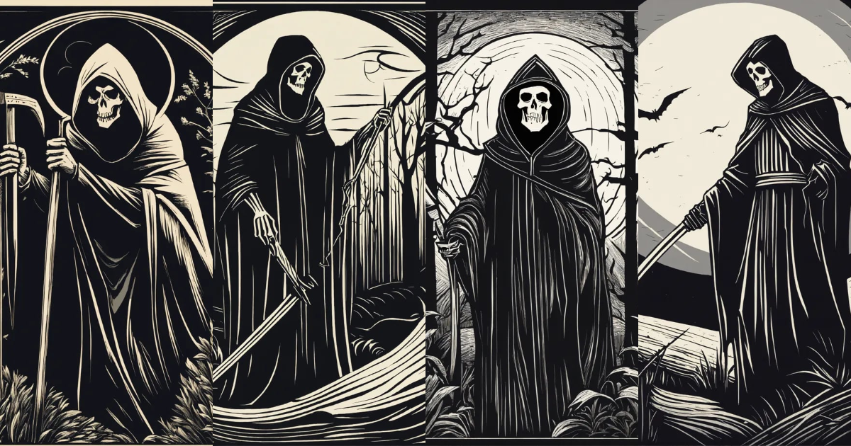 Lexica - Black and white linocut design of the grim reaper, simple ...