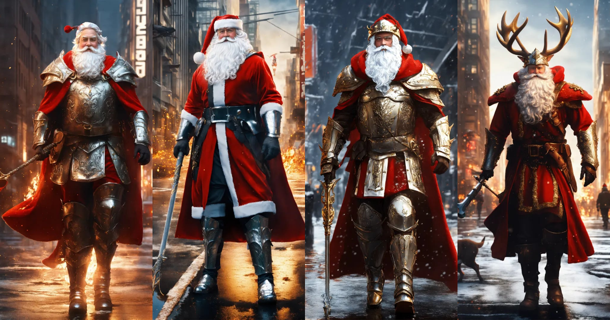 Lexica - ((Santa Claus in armor walks down the street of a modern city ...