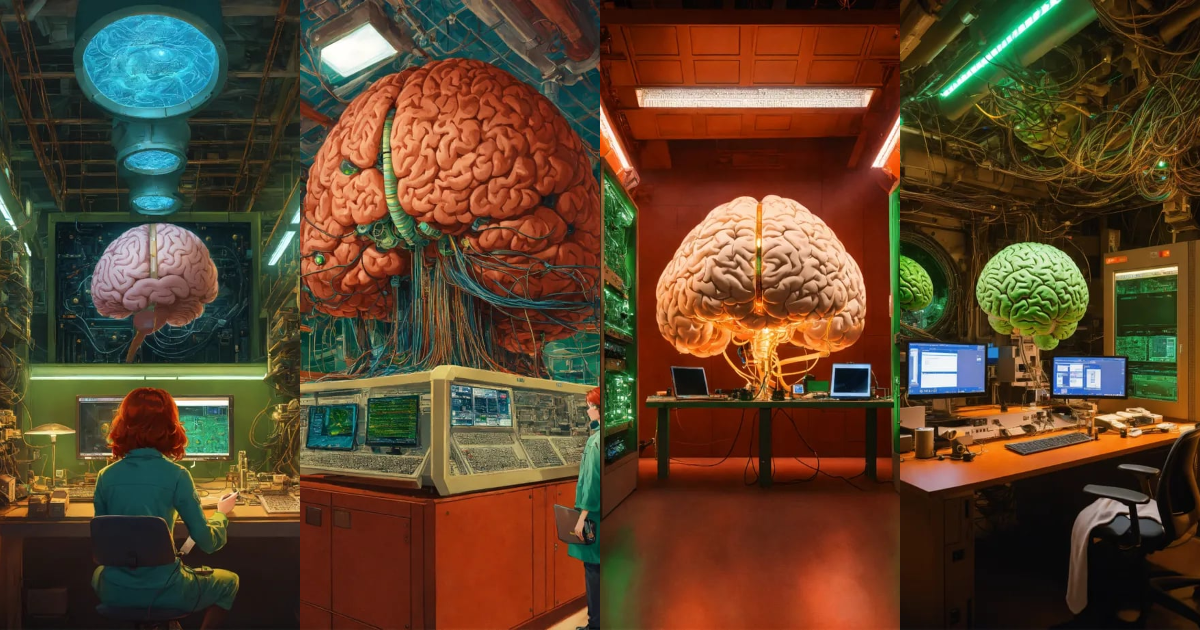Lexica - In the center of the room, a colossal human brain is ...