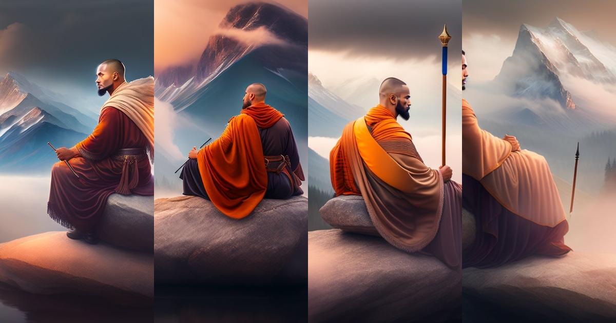 Lexica - Monk sitting on a rock with his back facing the camera. He is ...