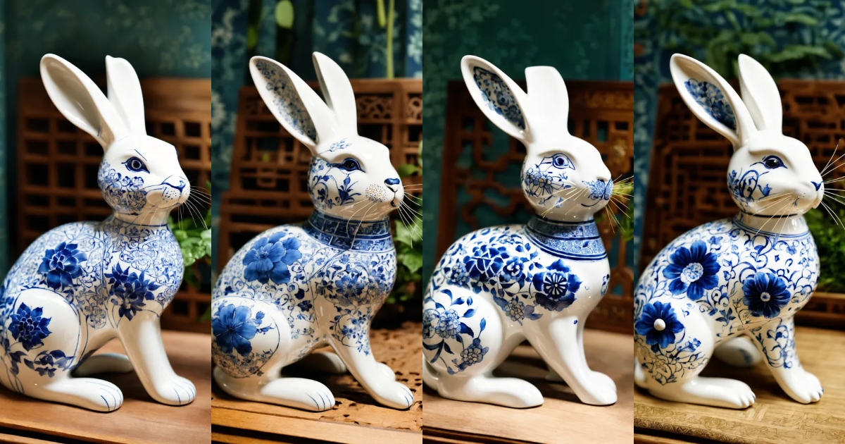 Lexica - A chinese rabbit made of white ceramic with blue ink, stunning ...
