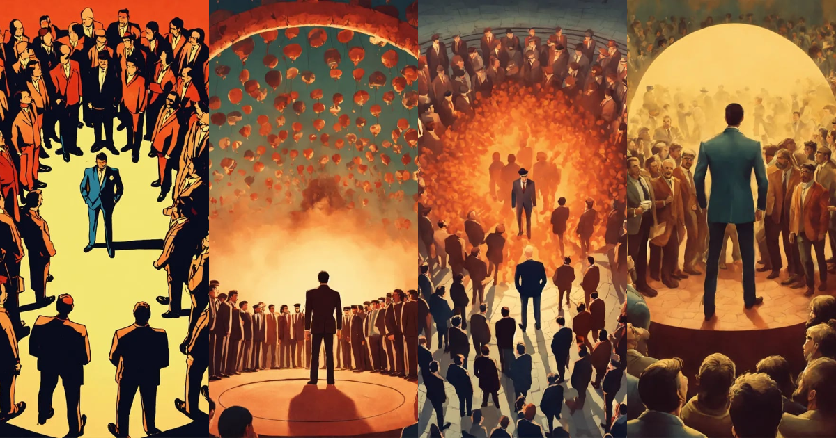Lexica - A lone man getting surrounded by an angry mob of men in a ...
