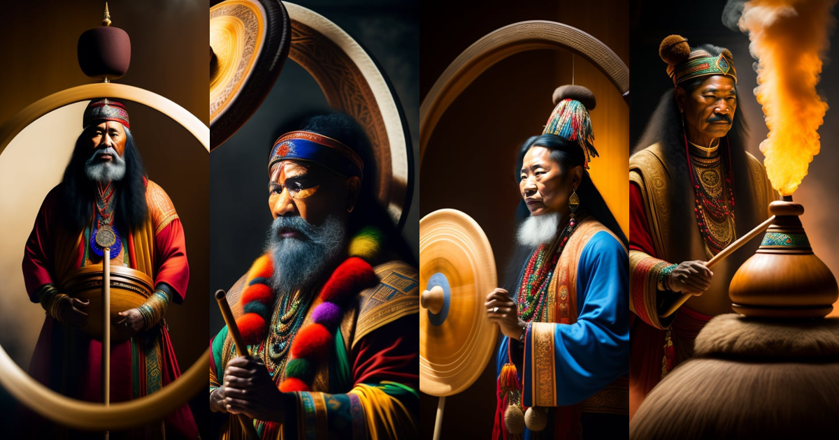 Lexica - Portrait of a shaman using a gong with mallet
