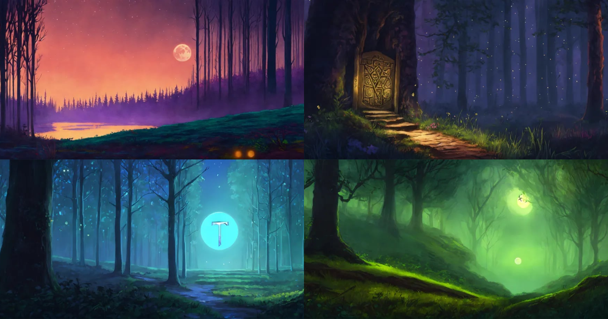 Lexica - A moonlit forest with a cryptic rune.