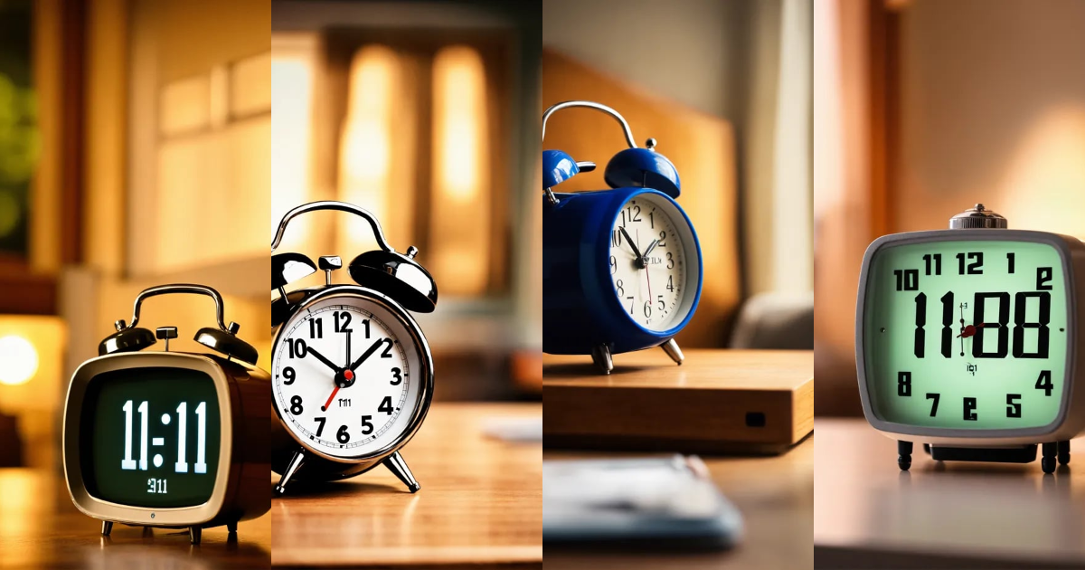 Lexica An alarm clock with number 1111 on the screen on a table and a