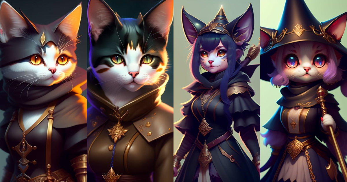 Lexica - Closeup of a cute cat witch with staff cloack and pack, D&D ...