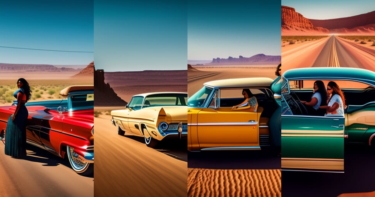 Lexica - Two women driving a lowrider in a desert highway