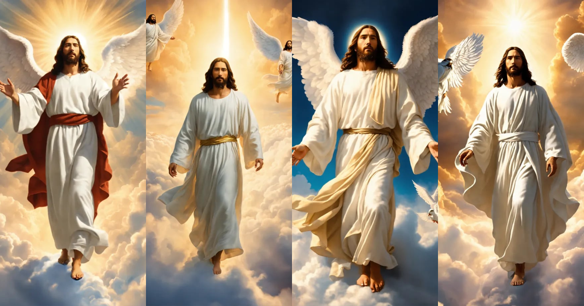Lexica - Jesus christ walking on the clouds wearing white robes. Angels ...
