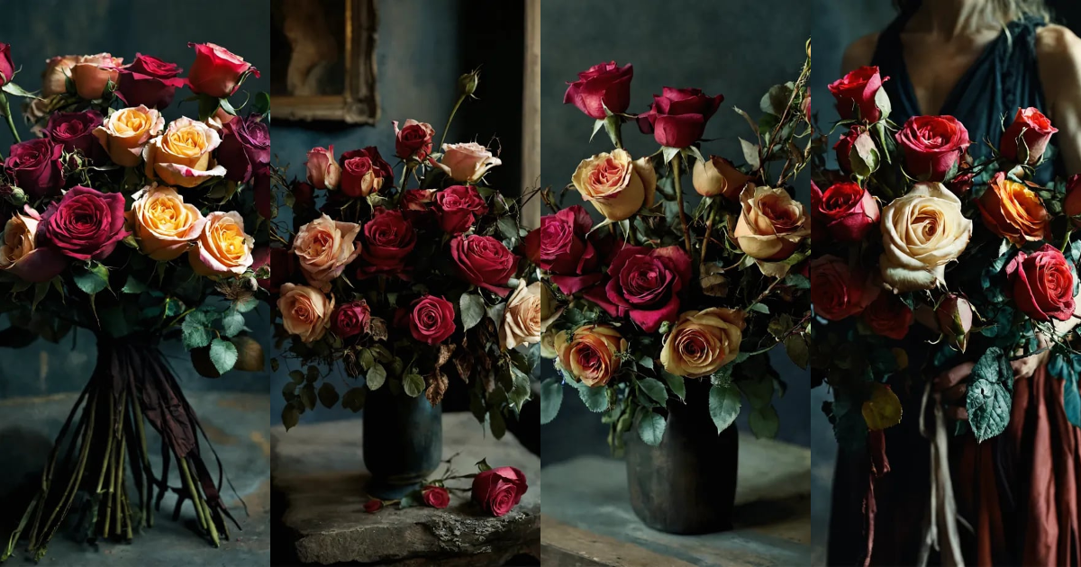 Lexica - A bohemian fancy bouquet of roses in a dark Annie Leibovitz style.