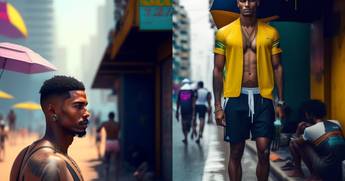 Lexica - Slum cyberpunk brazilian white man, cyberpunk copacabana beach ...