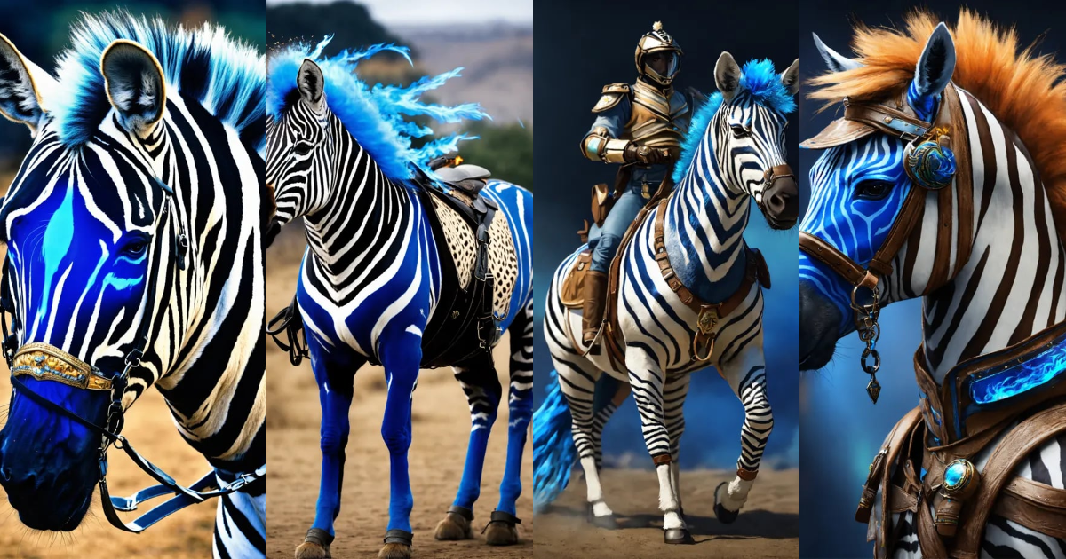 Lexica - Zebra with riding gear, with a mane and tail of blue flame